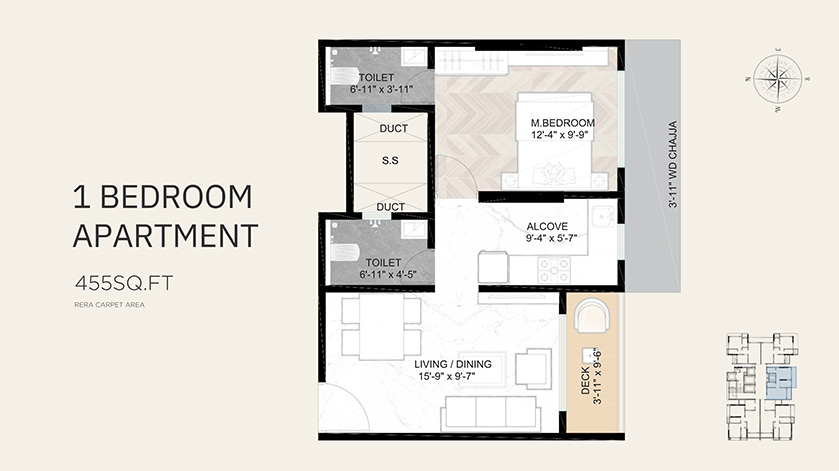 1 BHK floor plan, Avhad Homestead - 455 sq. ft. RERA carpet area