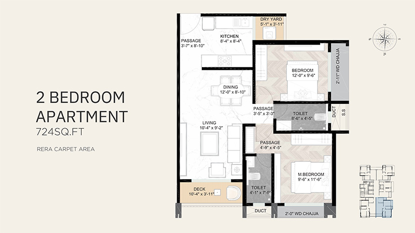 2 BHK floor plan, Avhad Homestead - 724 sq. ft. RERA carpet area
