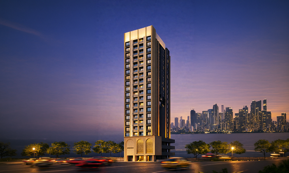 Avhad Homestead tower elevation at dusk, with the bay and city skyline behind